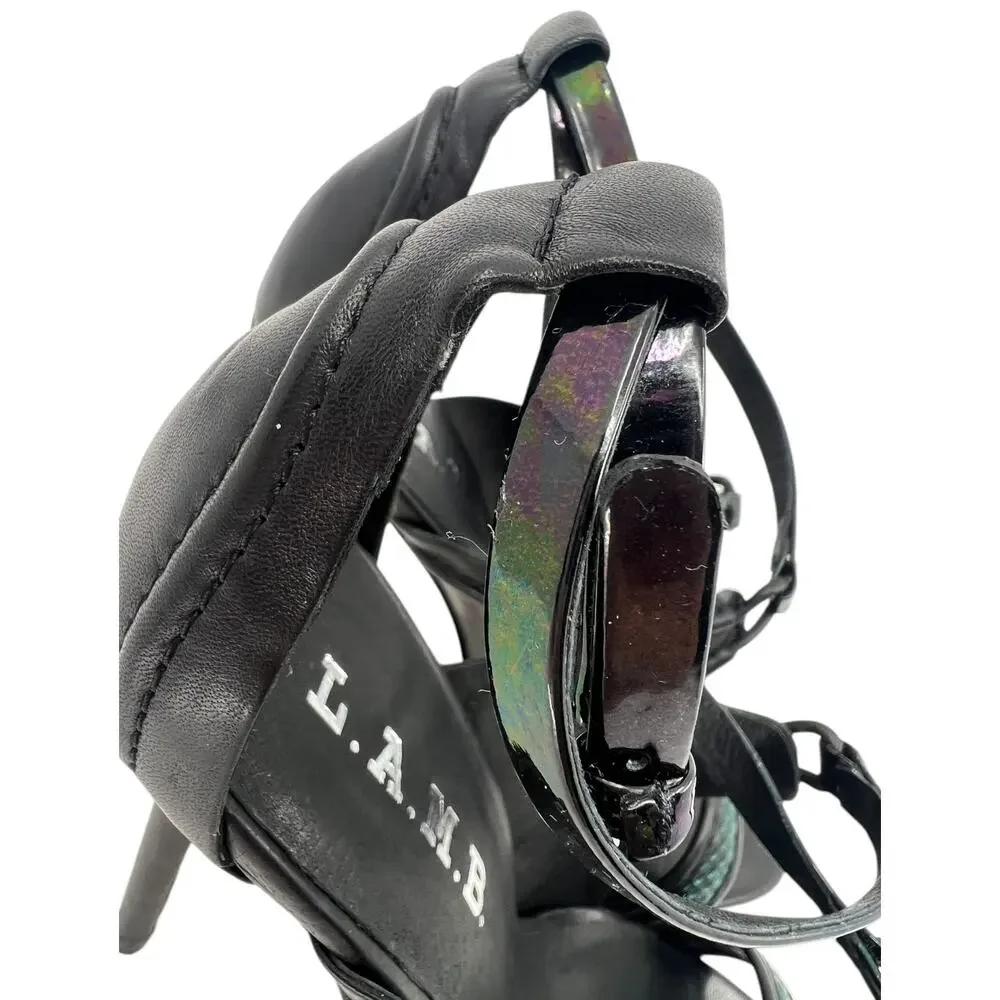 L.A.M.B. Gwen Stefani Black Leather Strappy Heels Iridescent Strap Stiletto 6.5
